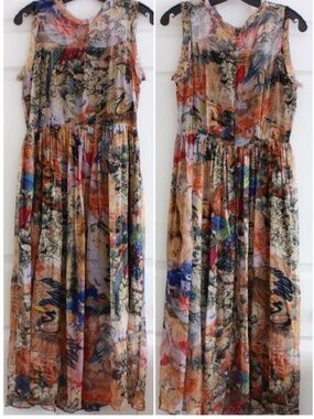 Vintage Silk Ethereal Scenic Bird Print Maxi Dress